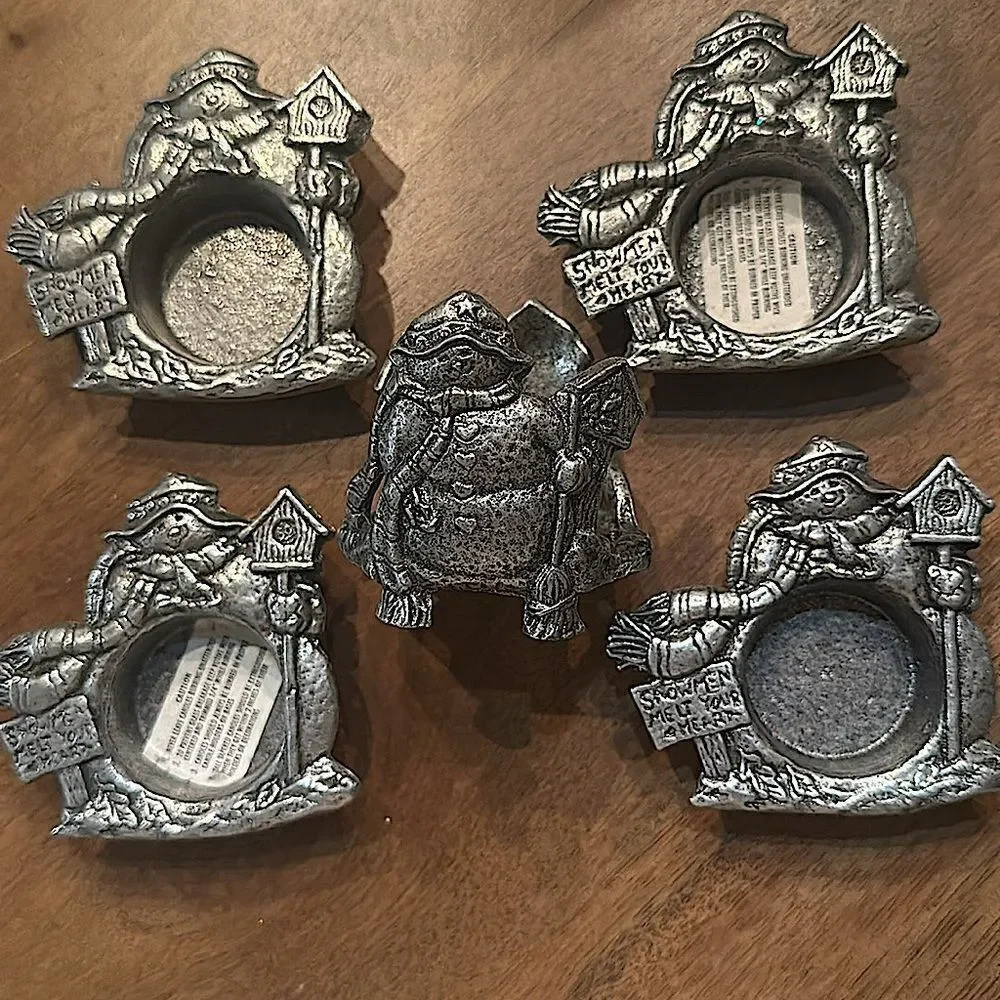 “Snowman Melt Your Heart” Pewter Candle Votive and Four Tealight Holders!